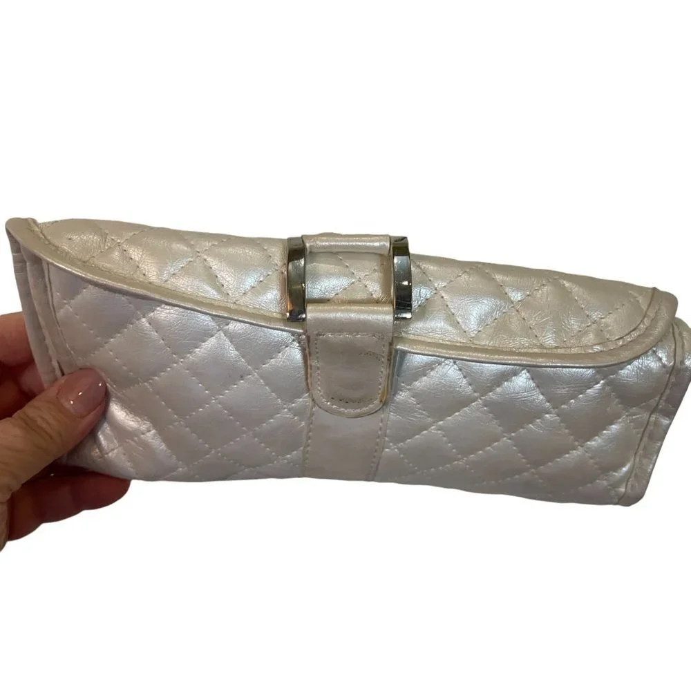 Make-Up Brush Roll Pearlized White Quilted Tri-fold, Holds up to 7 brushes